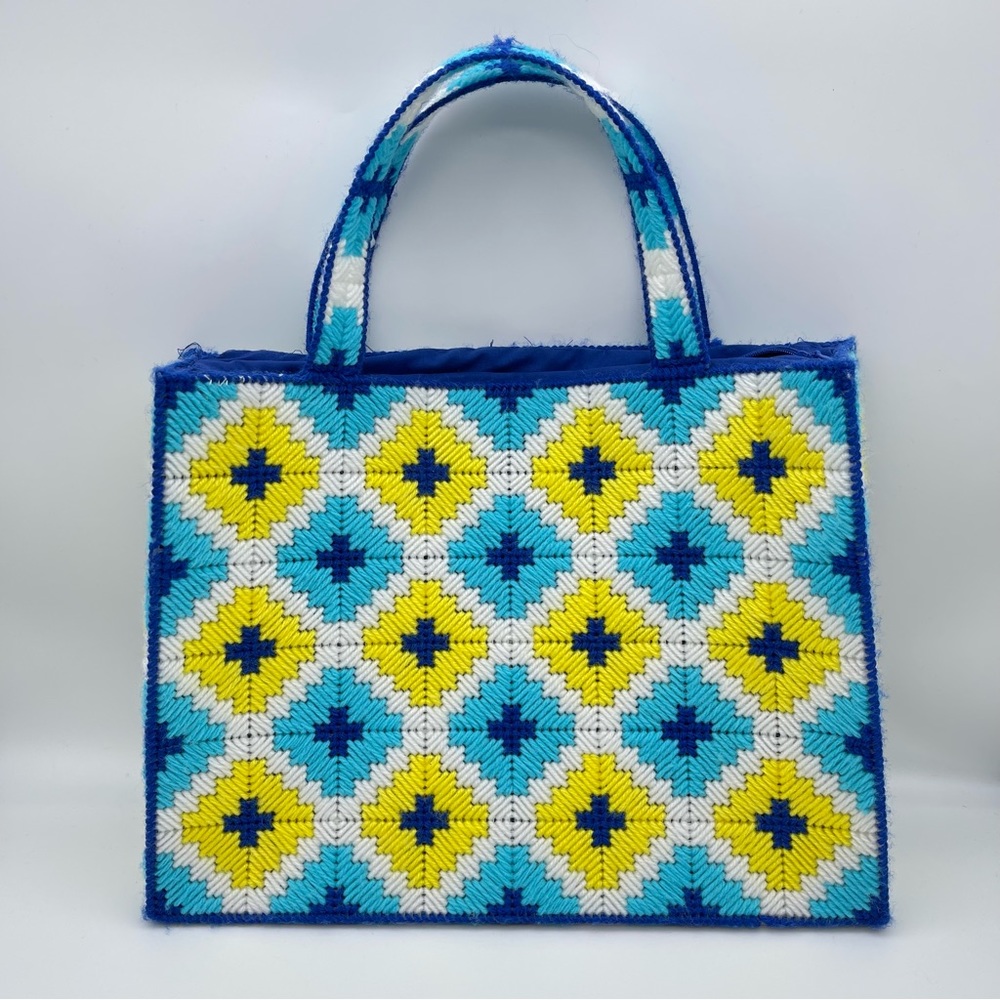 Vintage Handwoven Granny Square Geometric Pattern Plastic Canvas Crochet handbag